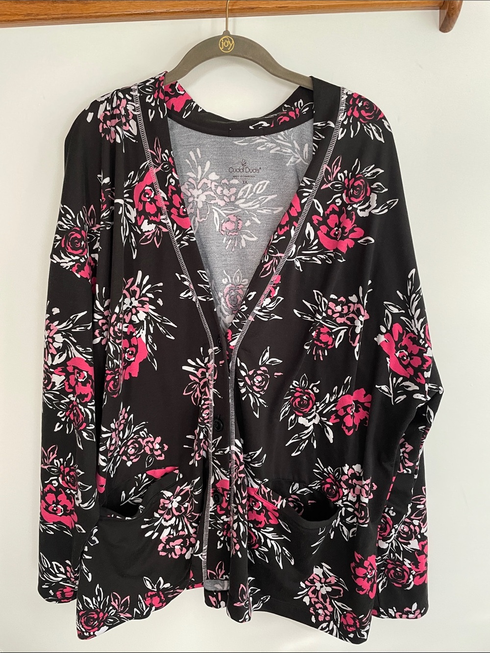 Cuddl Duds Black Floral Cardigan with Pink and White Print